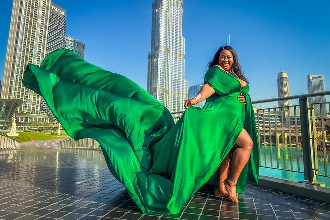 Burj Khalifa Flying Dress Instagram Videography Shoot - Burj Lake adds movement and reflection