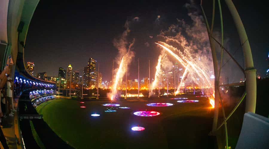Dubai: 1hr Topgolf Game - Arriving above the Dubai Marina skyline