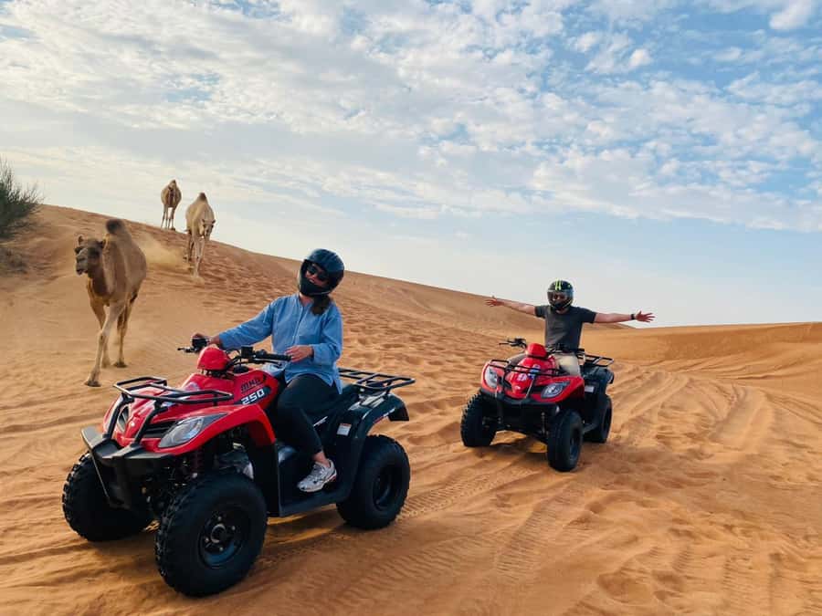 Dubai: Adventure Quad Bike Safari, Camel Ride & Refreshment - Safety briefing and getting onto the quad bike