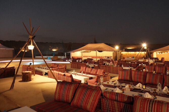 Dubai Desert Camp Dinner with BBQ, Dinner, Camel Ride & Shows - Transport, group size, and the value of $80.33