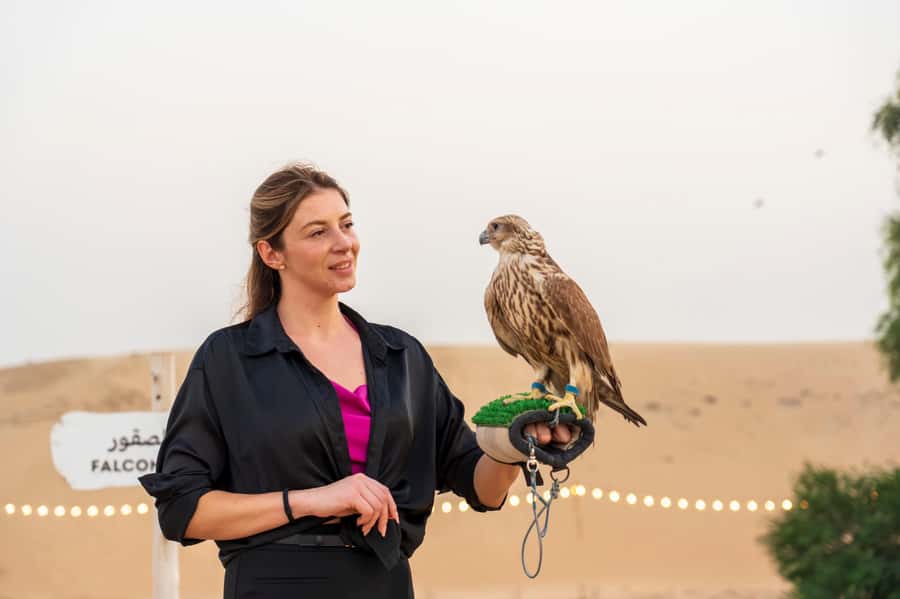 Dubai: Half-Day Camel Trekking with Al Marmoom Breakfast - Falcon photos and Arabic dress