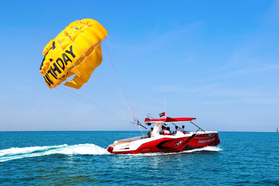 Dubai: Parasailing with Happy birthday Parachute JBR & Palm - What happens at Dubai Harbour