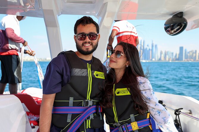 Parasailing in Dubai with Palm Jumeirah and JBR Beach views - Crew service and help for first-time flyers