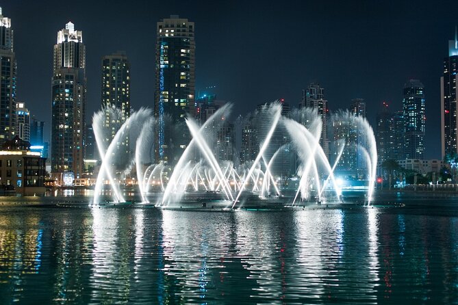 Traditional Abra Ride and Dubai Fountain Show at Burj Lake - Burj Khalifa and Downtown Dubai after dark